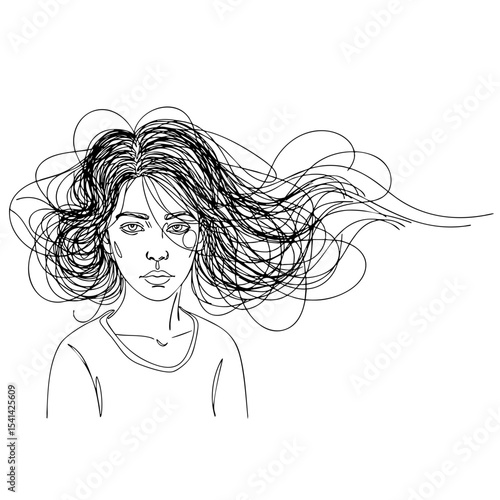 Vector line art of a young woman with tangled hair and a somber expression, illustrating emotional overwhelm and mental strain