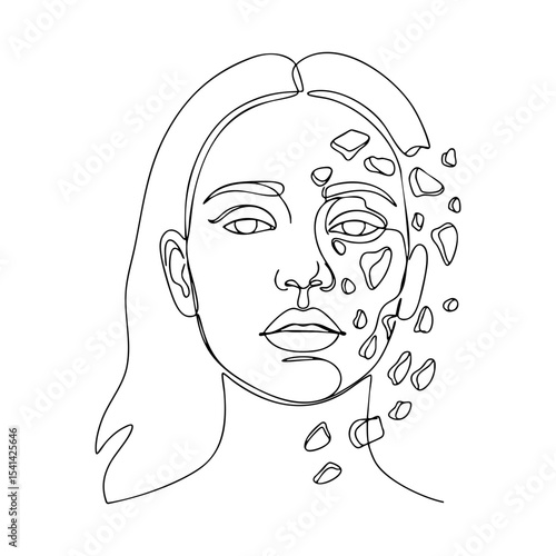 Vector line art of a woman’s face with cracked fragments symbolizing emotional fragility and mental health issues