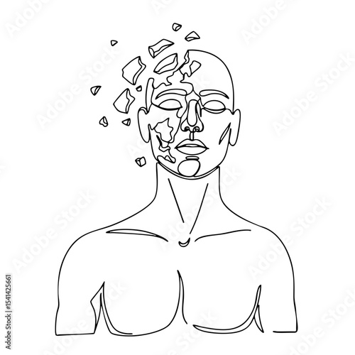 Vector line art of a male figure with fragmented pieces floating from his head, symbolizing mental breakdown and psychological distress