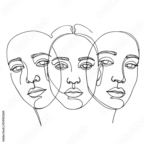 Vector line art of a female face repeated three times with overlapping lines, representing complex mental states and emotional conflict