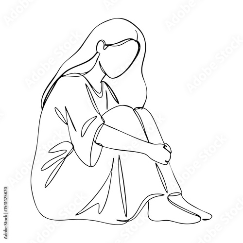 Vector line art of a seated woman hugging her knees, expressing sadness, loneliness, and emotional vulnerability in minimal style