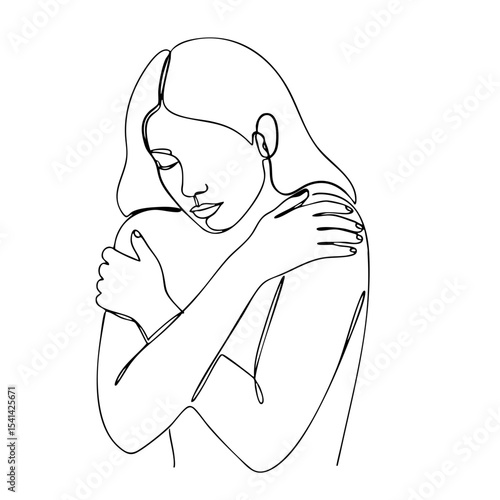 Vector line art of a woman hugging herself with eyes closed, expressing self-love and emotional healing