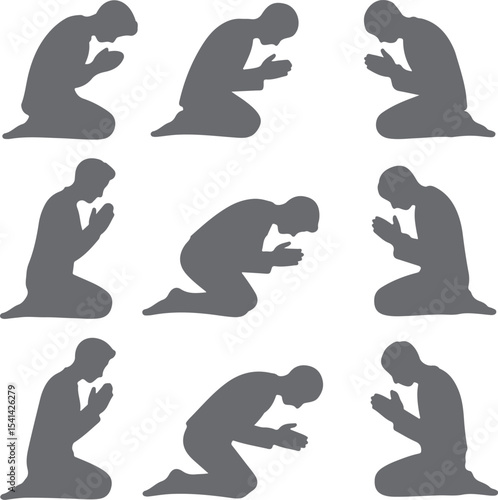 Nine Gray Silhouettes of a Person Kneeling in Prayer Hands Clasped Different Poses Humble Supplication Religious Spirituality Faith Devotion Worship