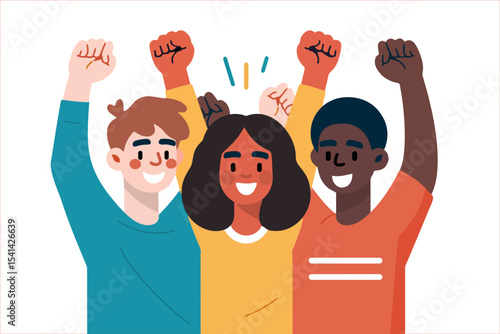 Winners business team. Vector flat style cartoon illustration of three happy middle aged people hugging. Isolated on white.