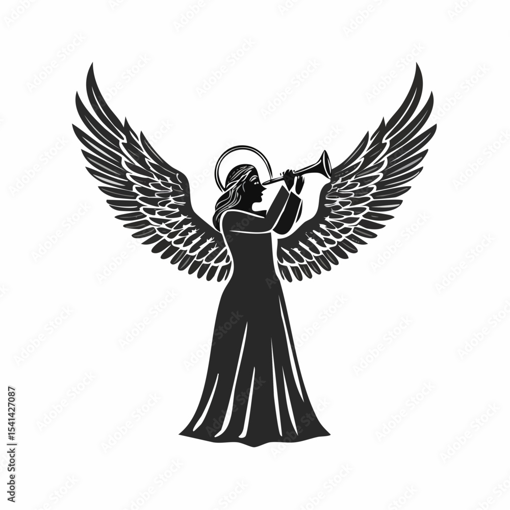 Fototapeta premium Angel Moroni with Trumpet Silhouette Logo Vector isolated on white Background.