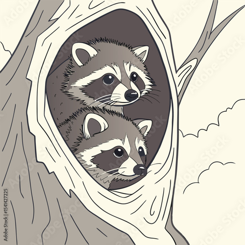 Three baby raccoons peeking from a tree hollow