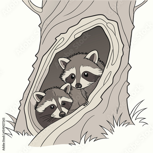 Three baby raccoons peeking from a tree hollow