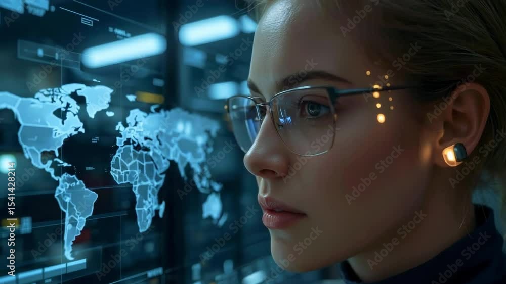 Focused woman in glasses analyzing digital world map on screen in a high-tech environment Focused woman in glasses analyzing digital world map on screen in a high-tech environment