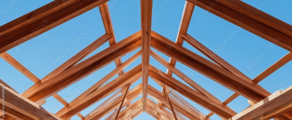 The wooden framework of a house showcasing intricate design against a clear blue sky. The wooden framework of a house showcasing intricate design against a clear blue sky.