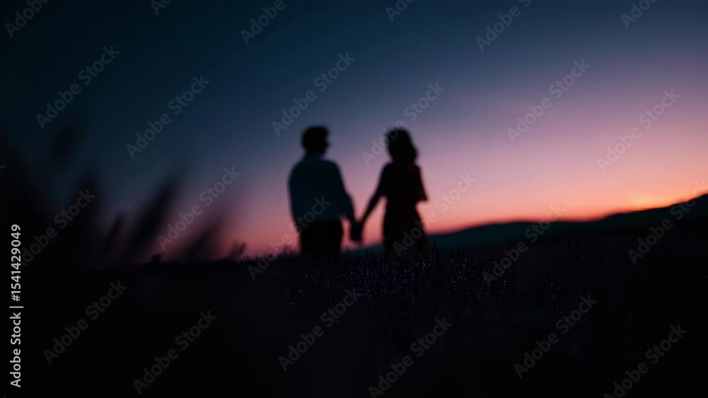 A blurred couple stands together holding hands in a field. Pink and orange colors paint the twilight sky. Mountains can be seen in the distance. A blurred couple stands together holding hands in a field. Pink and orange colors paint the twilight sky. Mountains can be seen in the distance.