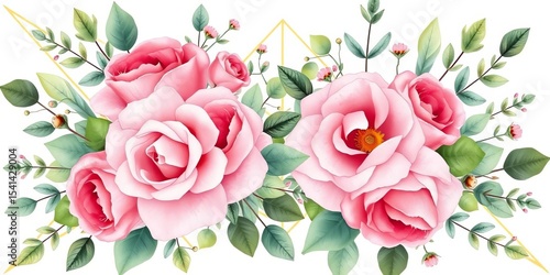 Watercolor floral wreath with pink roses, eucalyptus, green leaves & gold geometric accents Perfect for wedding invitations, wallpapers, fashion,  summer,  texture