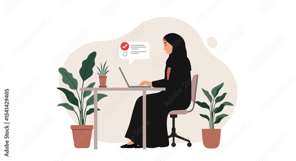 Muslim Woman Working on Laptop at Desk with Plants Muslim Woman Working on Laptop at Desk with Plants