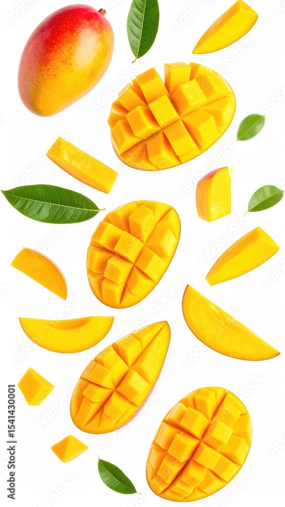 Fototapeta premium Ripe Mangoes in Airy Cascade: A Vibrant, Juicy Still Life