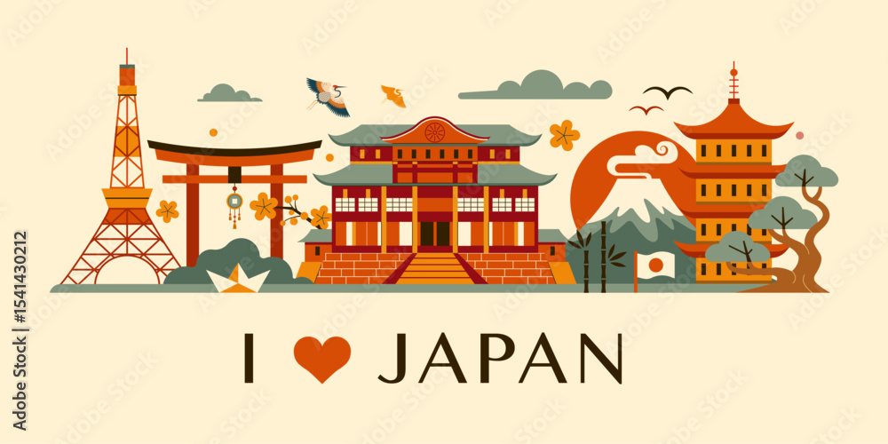Obraz premium I Love Japan Skyline Travel Banner