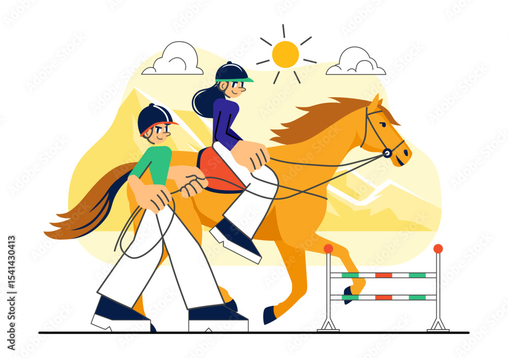 Obraz premium Horse Riding Vector Illustration Featuring Practicing Horseback Riding or Equestrian Sports in a Green Field with Flat Style Cartoon Background
