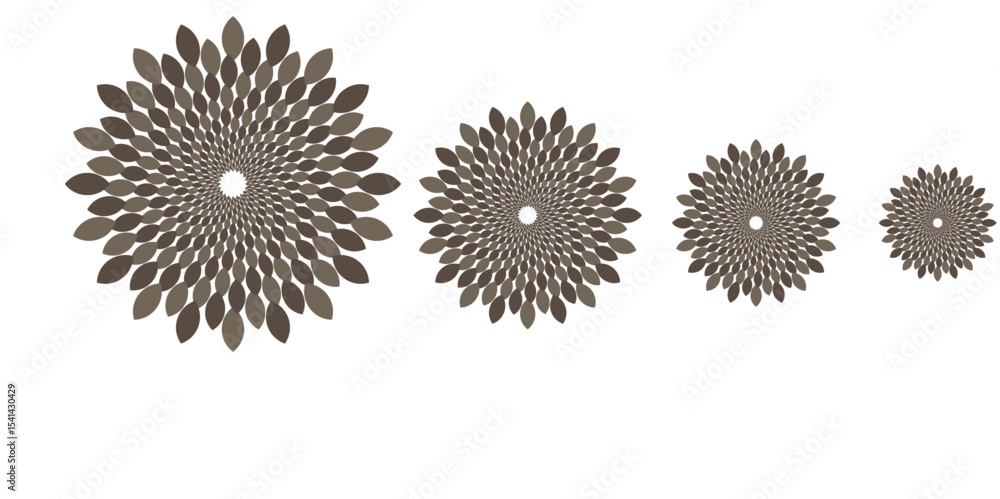 Fototapeta premium A visually striking vector illustration featuring a large, intricate central radial design composed of numerous overlapping, elongated leaf or petal shapes in varying shades of brown and taupe.