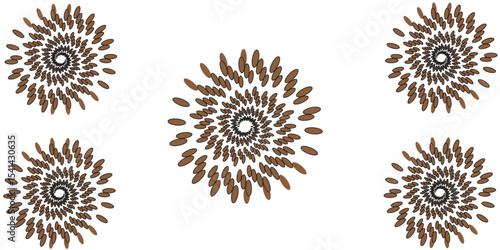 A striking abstract vector illustration featuring a large, central spiral motif composed of numerous small, elongated brown and black feather or leaf-like shapes radiating outwards in a dynamic whirl.