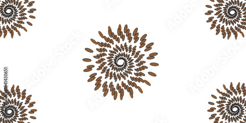 A striking abstract vector illustration featuring a large, central spiral motif composed of numerous small, elongated brown and black feather or leaf-like shapes radiating outwards in a dynamic whirl.