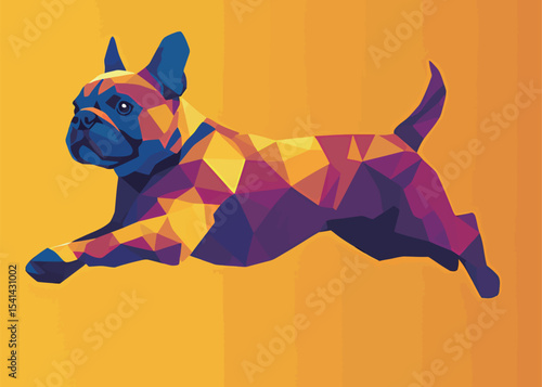 A vibrant, geometric illustration of a leaping French Bulldog against a warm background.