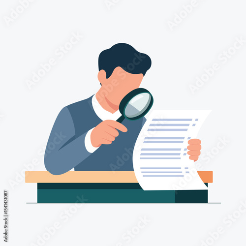 Flat faceless character analyzing a document using a magnifying glass. Perfect for business, research, audit, and office work themes.