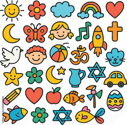 Collection of cute hand drawn childlike icons for kids