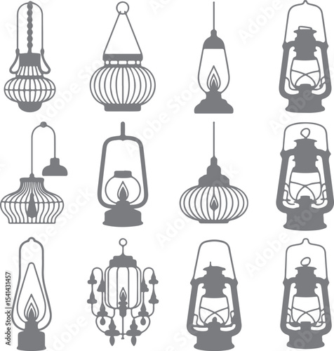 Twelve Gray Silhouette Light Fixtures and Oil Lamps Collection Vintage Style Hanging Pendant Ceiling Lamp Lantern Home Decor Design Elements