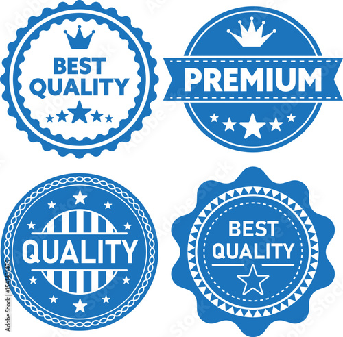 Premium Quality Badge, Blue quality badges with stars and crowns for premium products.