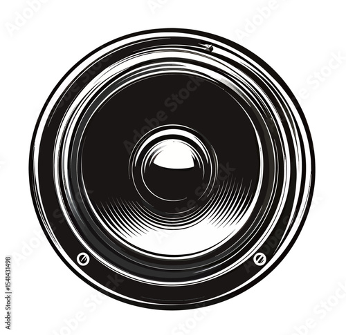 Black and white image of a circular speaker with detailed texture and form.