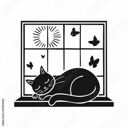 Cat sleeps stretched out on the windowsill in the rays of the morning sun rest and relaxation Image vector