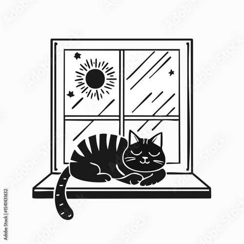 Cat sleeps stretched out on the windowsill in the rays of the morning sun rest and relaxation Image vector