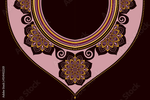 Ornamental collar design featuring lotus mandala motifs in plum rose mocha tones. Ideal for fashion prints, embroidery templates, scarf design, or ceremonial costumes.