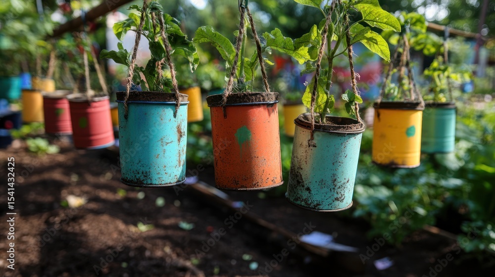 Colorful repurposed tin cans used as hanging planters in a garden. Colorful repurposed tin cans used as hanging planters in a garden.