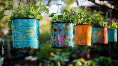 Colorful painted tin cans used as hanging planters.