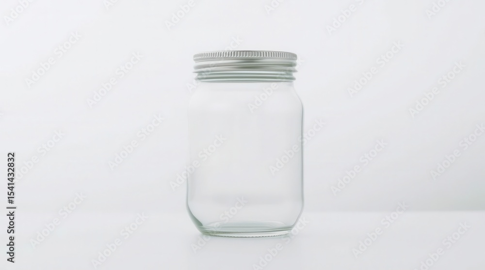 Clear glass jar with a silver lid against a plain white background, simple, clean, and minimalist. Clear glass jar with a silver lid against a plain white background, simple, clean, and minimalist.