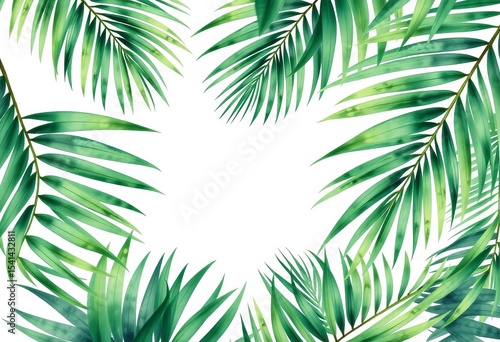 Watercolor green coconut palm leaf frame, isolated on white Vintage Hawaii style, tropical exotic, wallpaper pattern, green, design element
