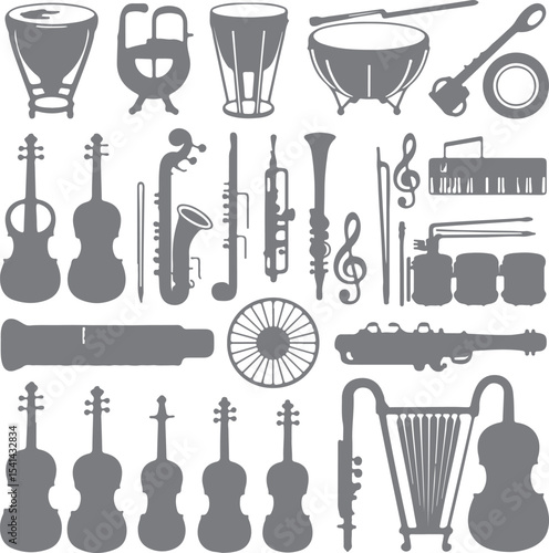 Grey Silhouette Collection of Orchestral Instruments Including Violins Cellos Timpani and Percussion Instruments