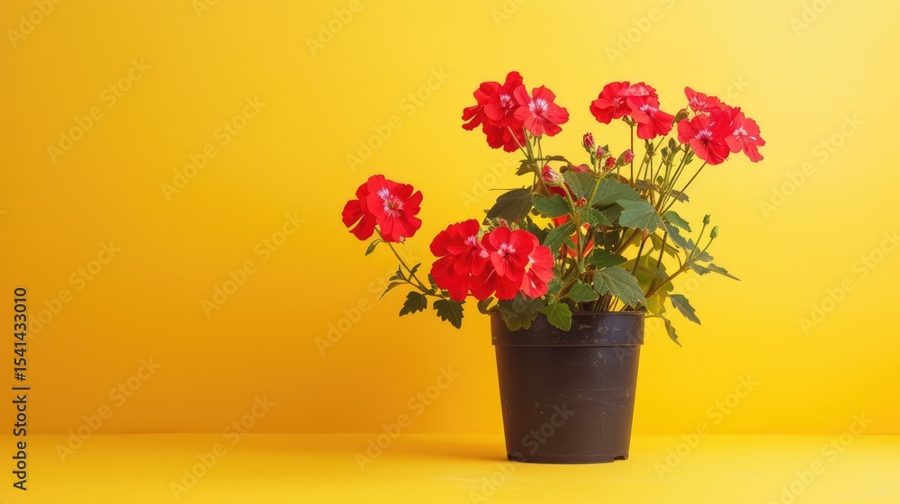 Fototapeta premium Bright geranium flowers in a pot bloom in clusters on top of lush green leaves on a yellow background.