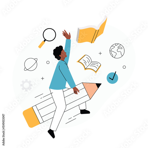 Reaching New Heights Through Education. Vector illustration shows a person riding on a giant pencil, reaching upwards towards an open book