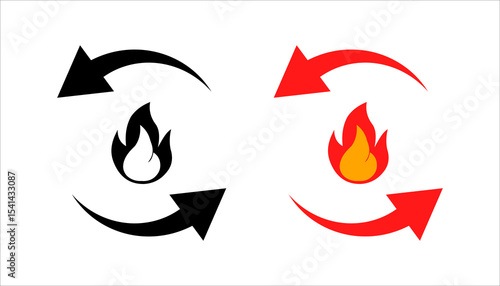 Burn calories line icon set. Metabolic processes icon, synthesis calorie energy, fire with arrows rotation.
