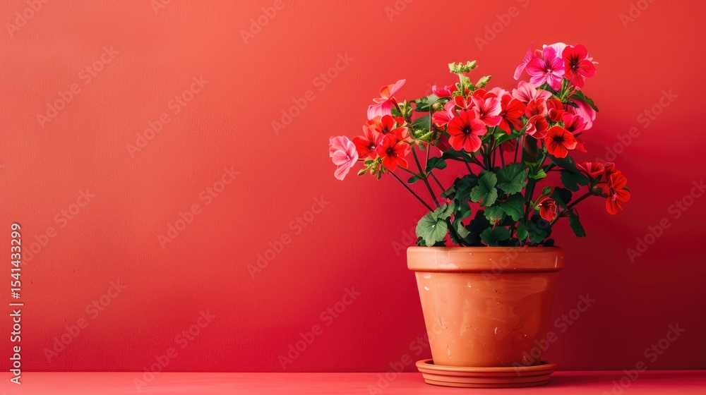 Bright geranium flowers in a pot bloom in clusters on top of lush green leaves on a red background. Bright geranium flowers in a pot bloom in clusters on top of lush green leaves on a red background.