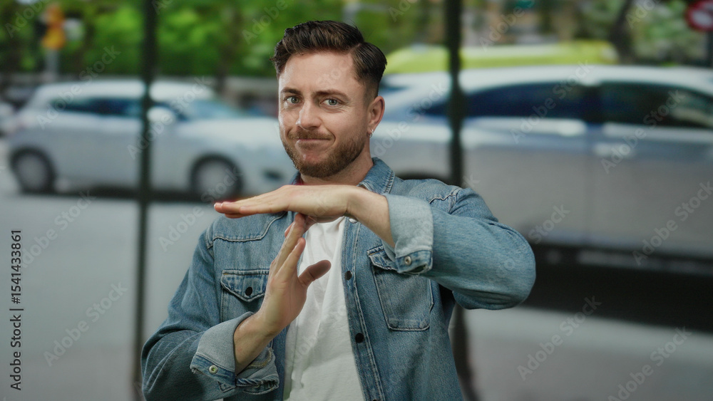 Fototapeta premium Young man with beard makes hand gesture on city street with cars blurred in background during daytime outdoor scene in urban environment