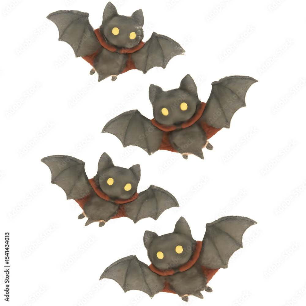 Fototapeta premium Enchanting Halloween Bats: A whimsical array of four stylized bats soar through the air, with glowing eyes and cute details, perfect for Halloween. 