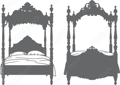 Two Gray Silhouettes of Ornate Four Poster Beds with Detailed Carvings and Bedding vector