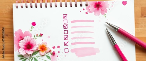 Watercolor pink checklist with delicate floral accents and paint splashes on notebook paper, office, watercolor