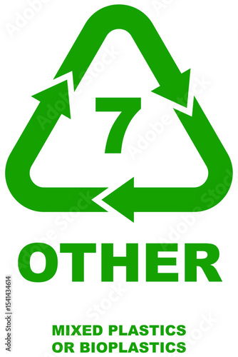 Plastic recycling code number 7, Other mixed plastics are signified by this green recycling symbol with arrows on isolated background.