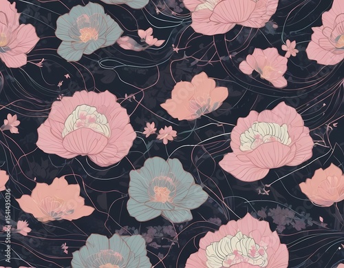 Korean Hanbok-Inspired Seamless Pattern with Floral and Geometric Motifs