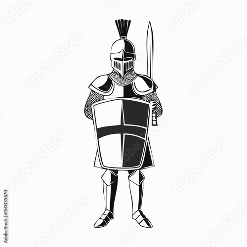 Crusade Knight Image Vector. Crusader knight illustration Black and White Stock vector.