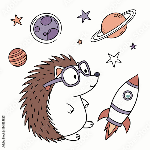 Charming SVG of a Bashful Hedgehog featuring wearing glasses, styled in a Space explorer theme with Cosmic Pastels hues