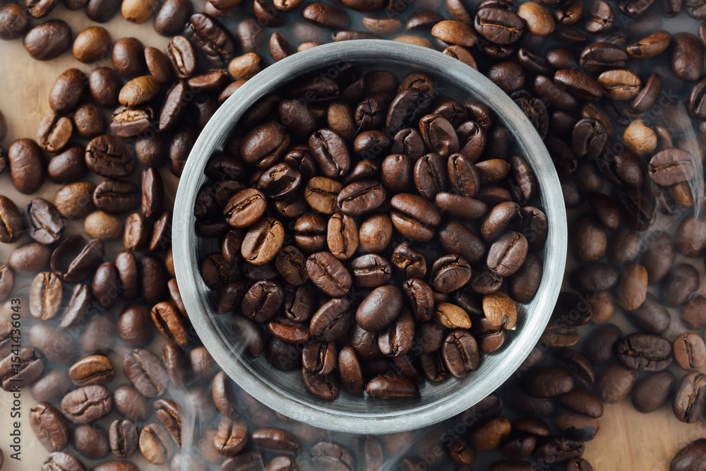 Fototapeta premium Fresh Coffee Beans in Bowl Surrounded by Coffee Beans Background