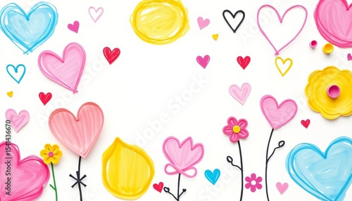 Whimsical hand-drawn hearts, flowers, and abstract shapes in various pastel colors on a white background,  delicate,  positive